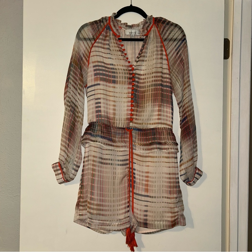 Adelyn Rae Plaid Sheer Long Sleeve Romper with Red Accents